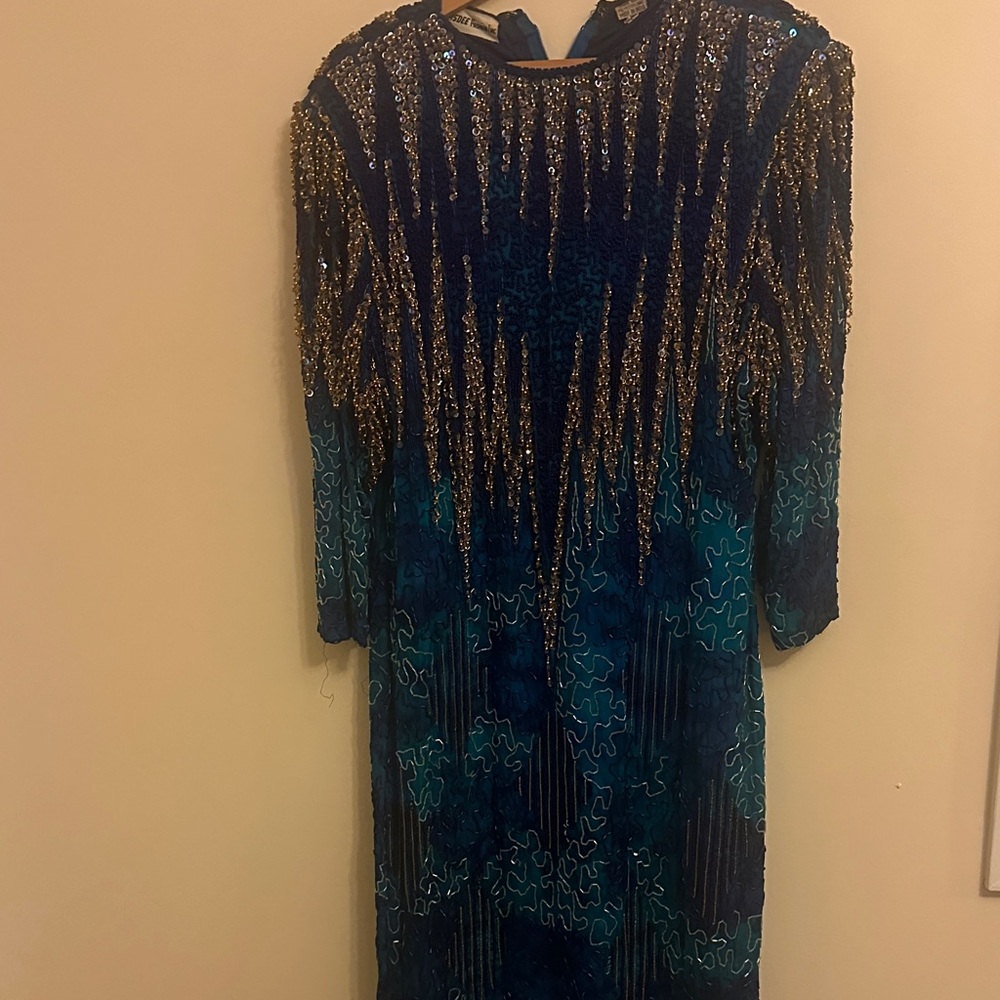 Elegant Long Sleeve beaded Dress in Blue and Gold